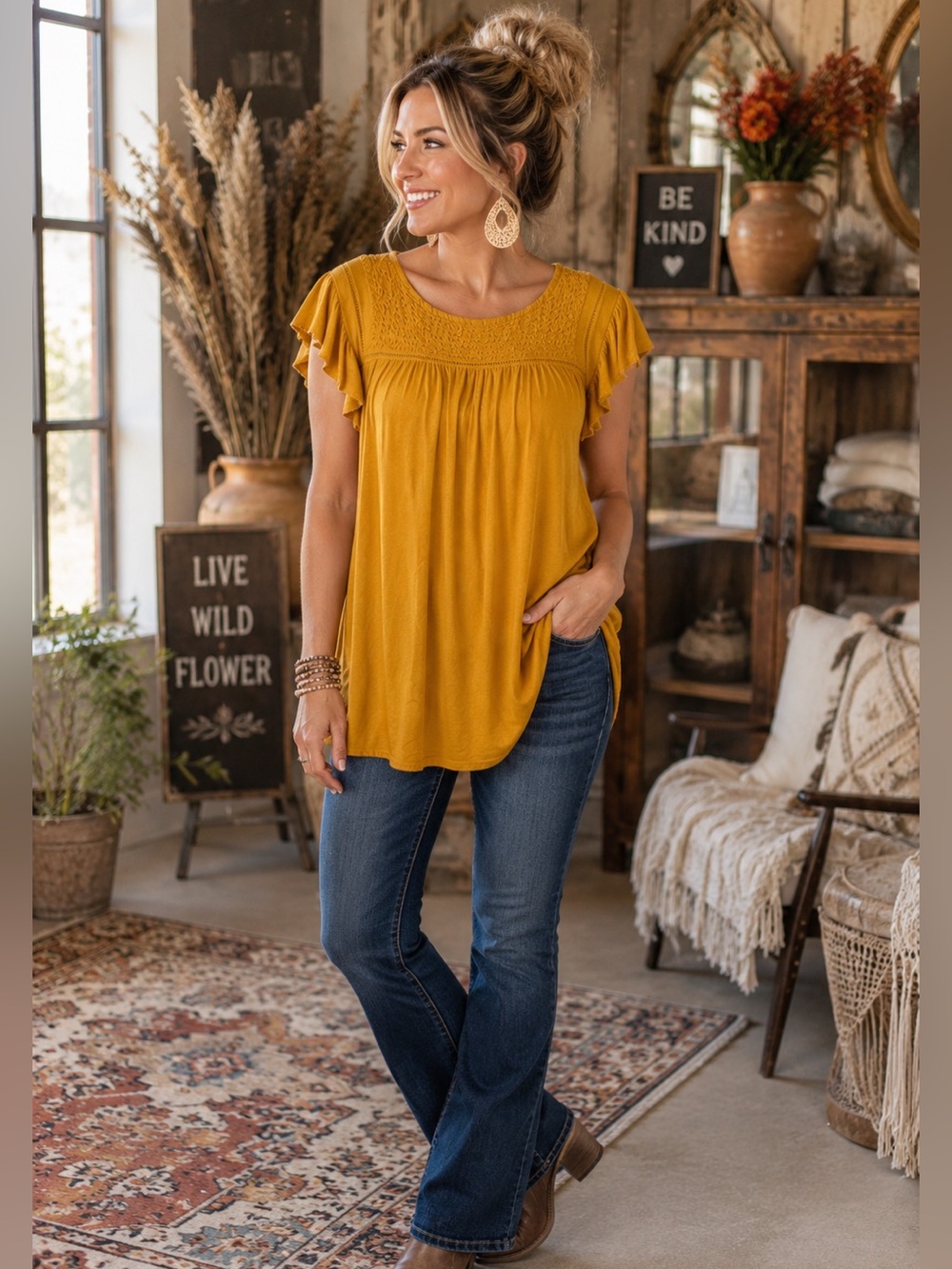 Matilda Jane Mustard Yellow Smocked Flutter Sleeve Tunic Top M
